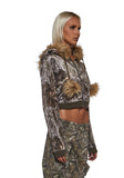 Camo Velour Hoodie With Faux Fur Trim