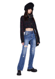 Distressed High Rise Straight Denim Jeans - Dark Blue