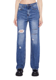 Distressed High Rise Straight Denim Jeans - Dark Blue