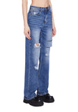 Distressed High Rise Straight Denim Jeans - Dark Blue