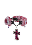 Vampy Wink Fur Cross Necklace - Pink